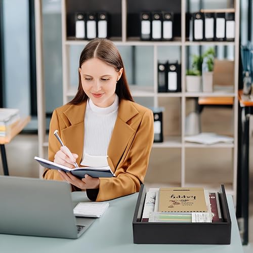 Miniatura 7 de Demigo Organizador de escritorio, juego de 2 bandejas de cartas, de madera de acacia, para almacenamiento, carpetas de cartas, cuadernos, impresión