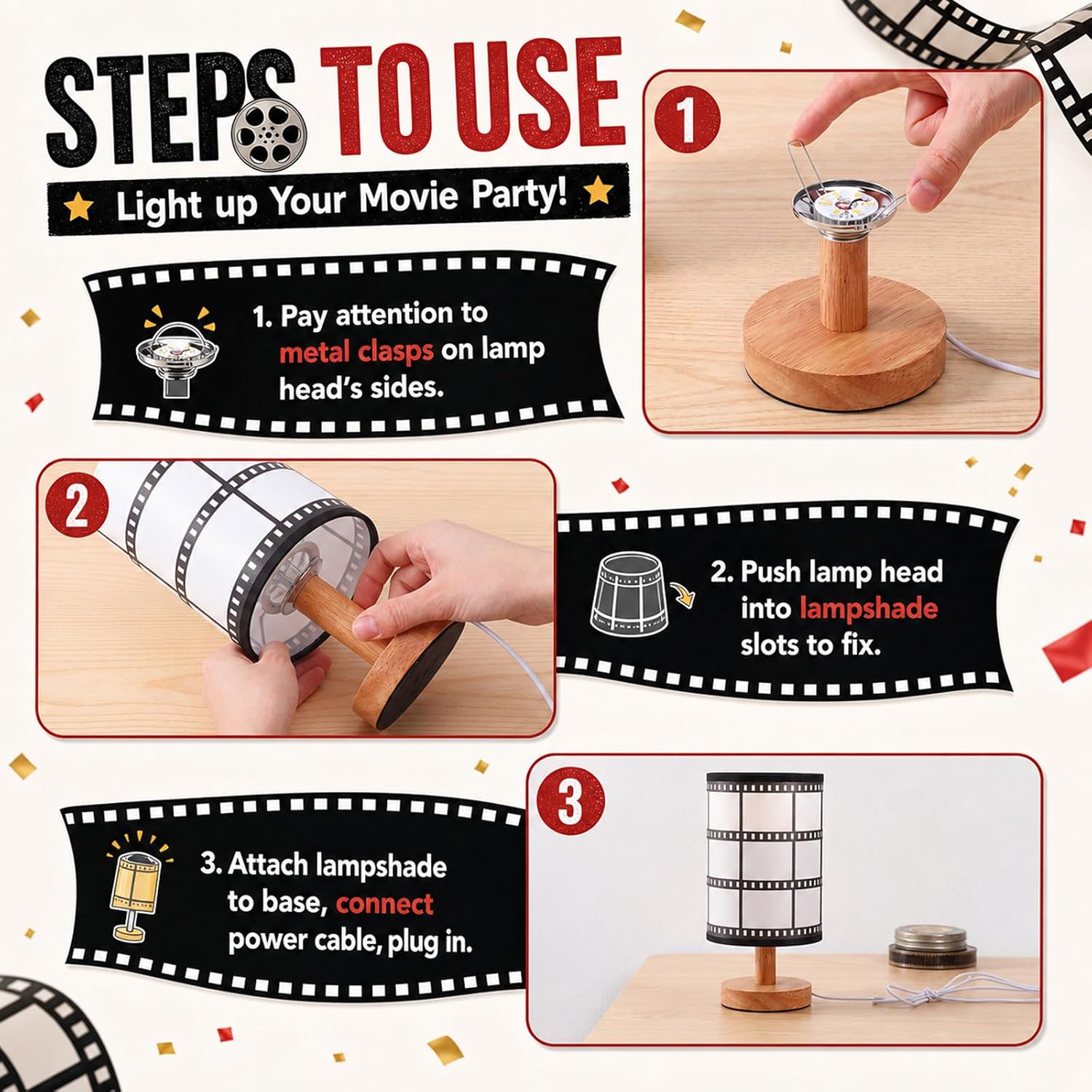 Movie Themed Table Lamp Film Strip Lampshade with Wooden Base image 5