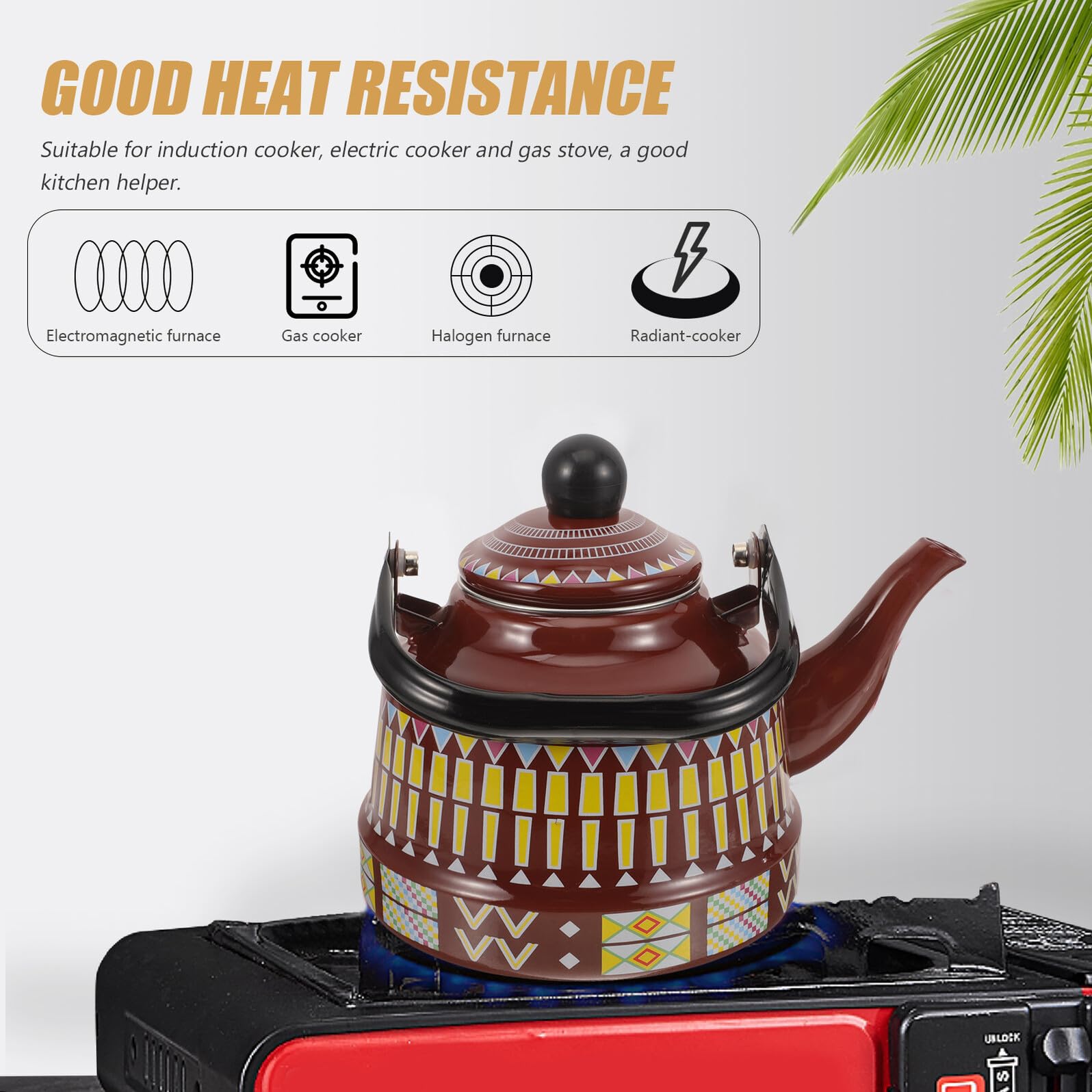 Homoyoyo Hervidor de Agua Vintage 1,7 Litros Esmaltado Tetera para Estufa Asa Tetera para Cocina Uso Diario Camping y Hogar Diseño Geométrico Marrón