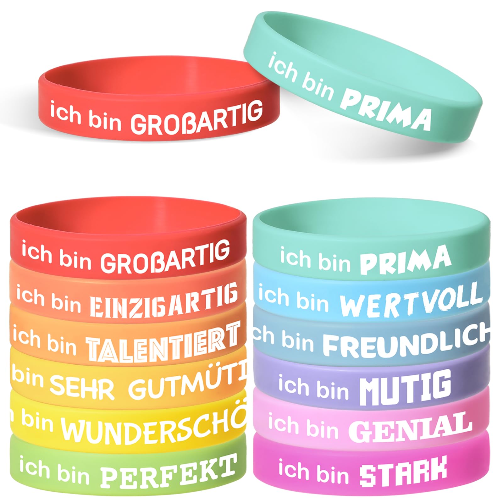 LVZONGXIN 24 Stück 18 CM Motivationsarmbänder Kinder auf Deutsch | Pastellfarbenes Silikonarmband, Mitgebsel Mitbringsel Kindergeburtstag Einschulung Geschenk