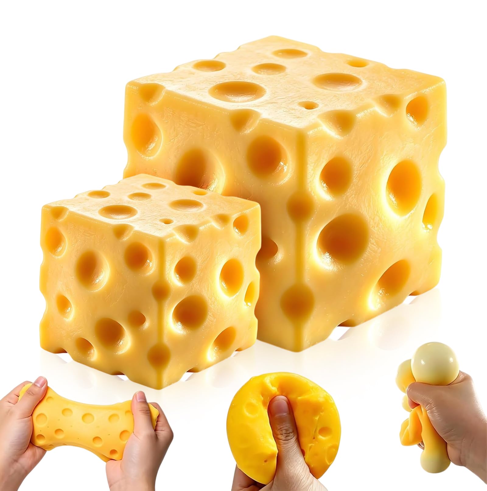 Kfeoctr 2PCS Cheese SquishesS,Squeeze Toys,7CM Square Cheese and 4cm Cheese Squeeze,SquishiesS Fidgets for Home Office School,Stress Relief(Light Yellow)
