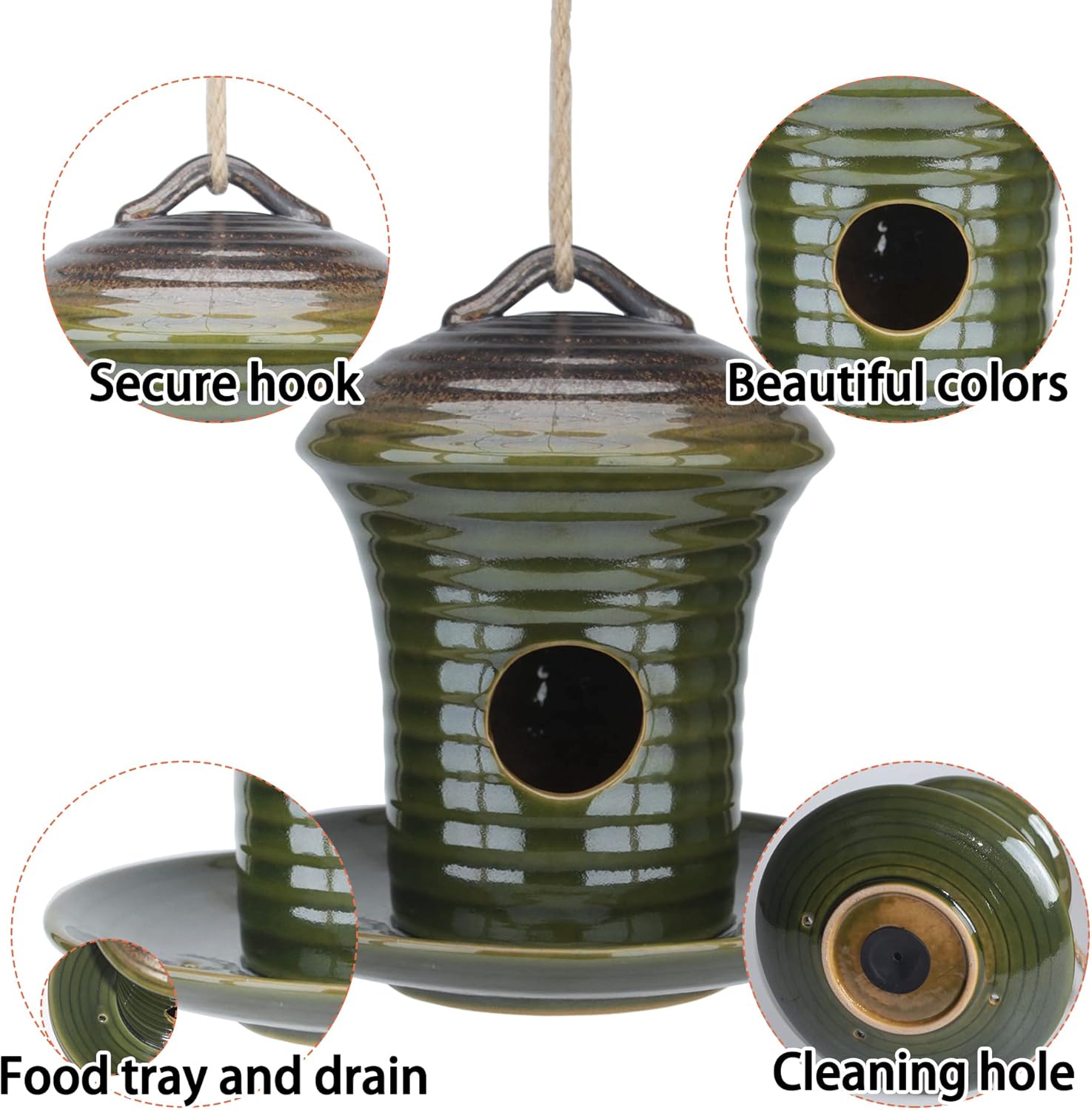 Kimdio Birdhouse Ceramic Hanging Birdhouses Bird Hut Hanging Multi-Function Outdoor Bird Feeders for Wild Birds, Finch, Cardinal, and Bluebird - Green