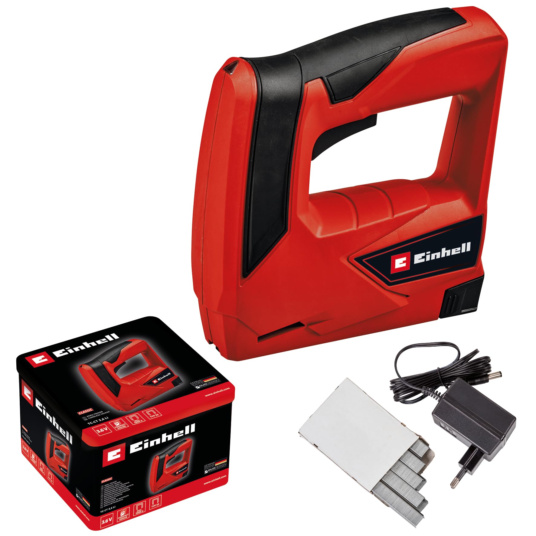 Einhell Grapadora a batería TC-CT 3,6 Li (3,6V, 1,3Ah, 30 disparos/min, ergonómico. Empuñadura suave, nariz de seguridad, entrega con caja metálica, cargador y 1000 grapas)