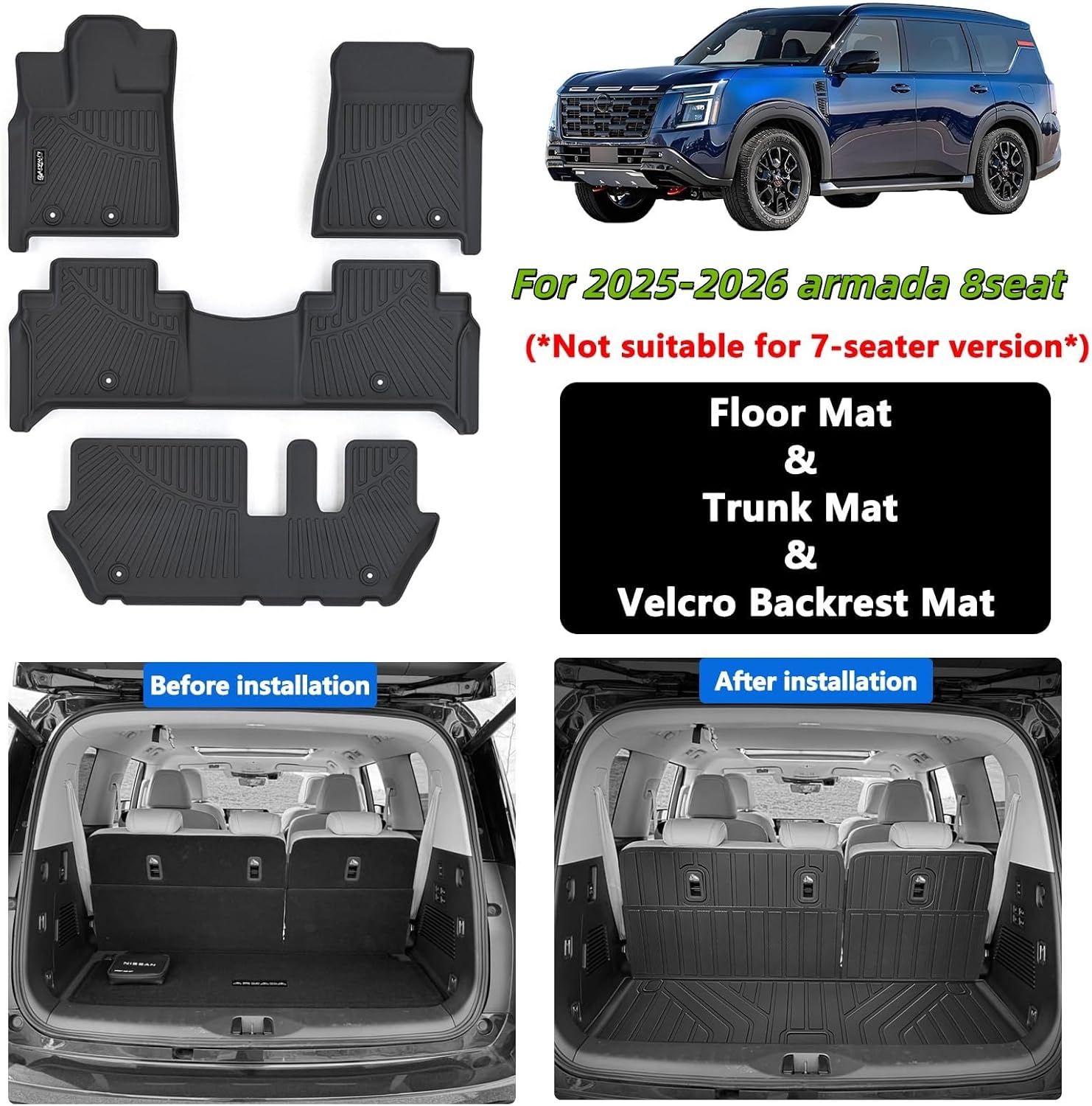 Floor Mats for 2025 2026 Nissan Armada/Infiniti QX80 8 Seats (Not Fit 7 Seats) Trunk Mat & Backrest Mat TPE All Weather Protection Car Floor Liners with Cargo Liner Accessories-Black