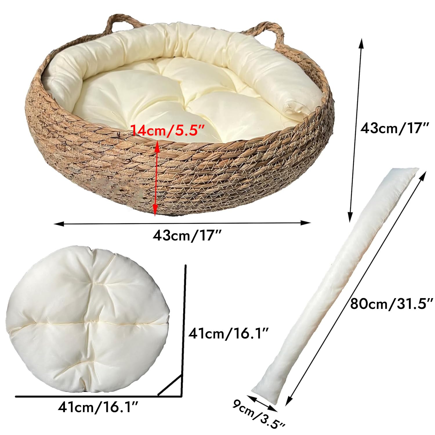 سرير دائري للحيوانات الأليفة مصنوع يدويا من الراتان والخوص الطبيعي، مع وسادة ناعمة، يستخدم كلوح خدش للقطط، قابل للأزالة والغسل للقطط أو الكلاب الصغيرة (A)