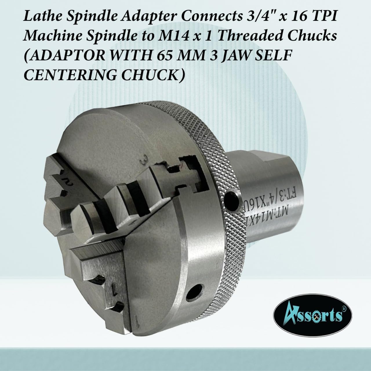 Lathe Spindle Adapter Connects 3/4" x 16 TPI Machine Spindle to M14 x 1 Threaded Chucks (ADAPTOR WITH 65 MM 3 JAW SELF CENTERING CHUCK)