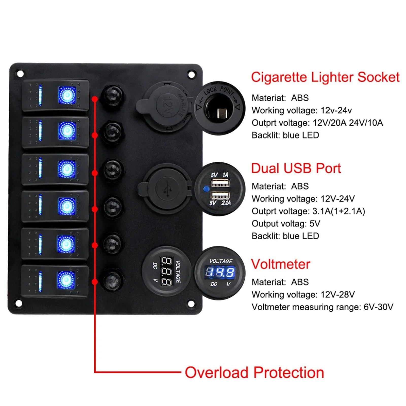 Panel de interruptores for coche de 12 V y 24 V, 6 botones, fusible de 15 A, disyuntor marino, voltímetro, comprobador de luz, cargadores USB 3.0, divisor automático Interruptor Basculante(6 gang red)