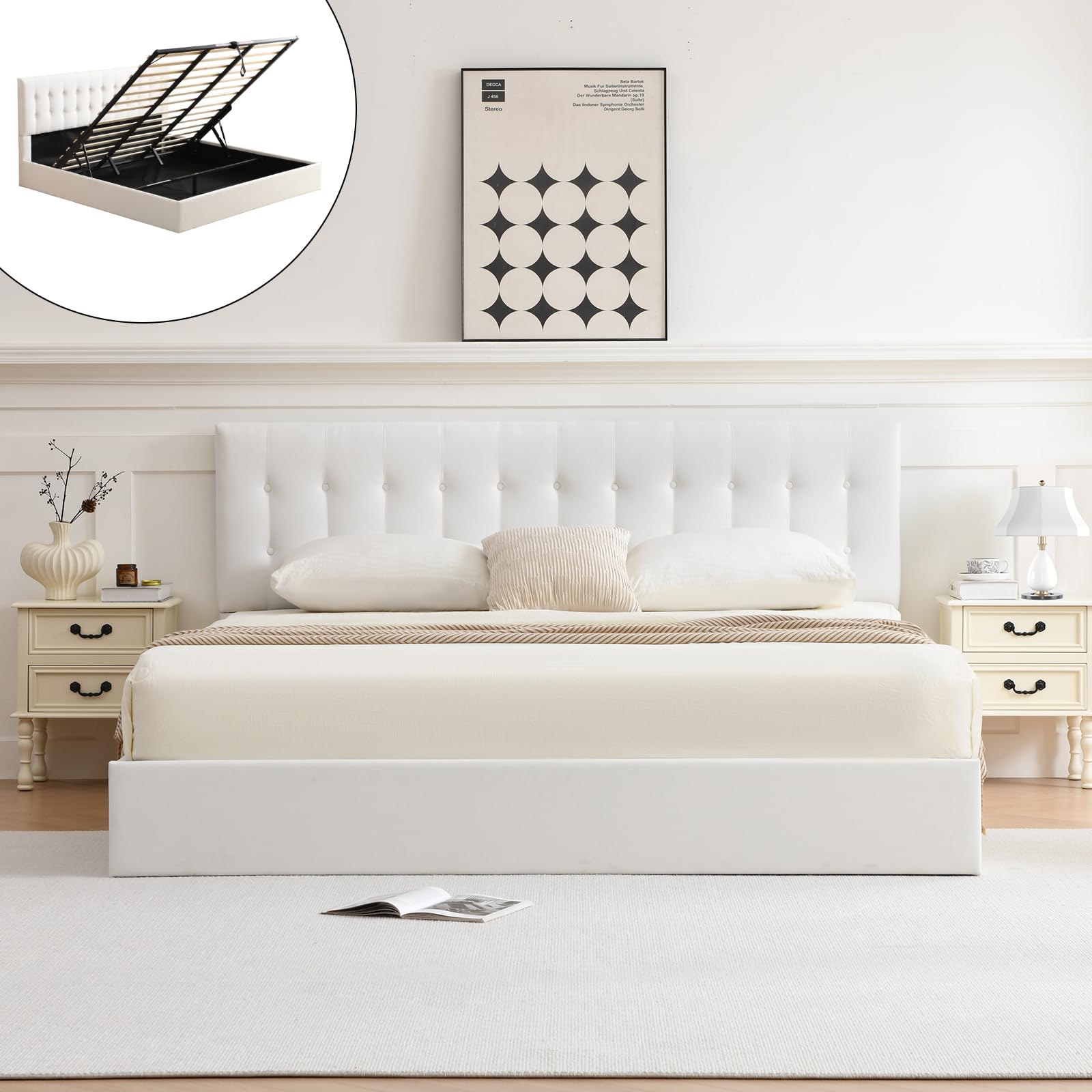 VELOCAVA King Size White Lift-Up Storage Bed, Linen-Textured Upholstered Platform Bed Frame with Button-Tufted Headboard, Sturdy Wooden Slats, No Box