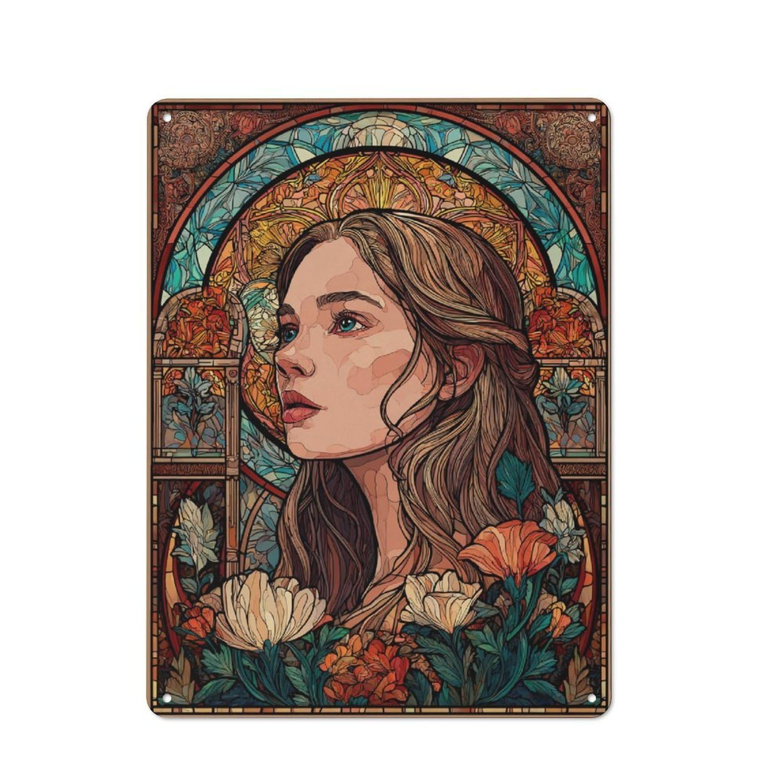 Junmoney Stained Glass Portrait Tin Sign 40X30cm With For Workshop Wall, Vintage Decor, For Metal Sign Collectors, For Garage And Workshop Walls