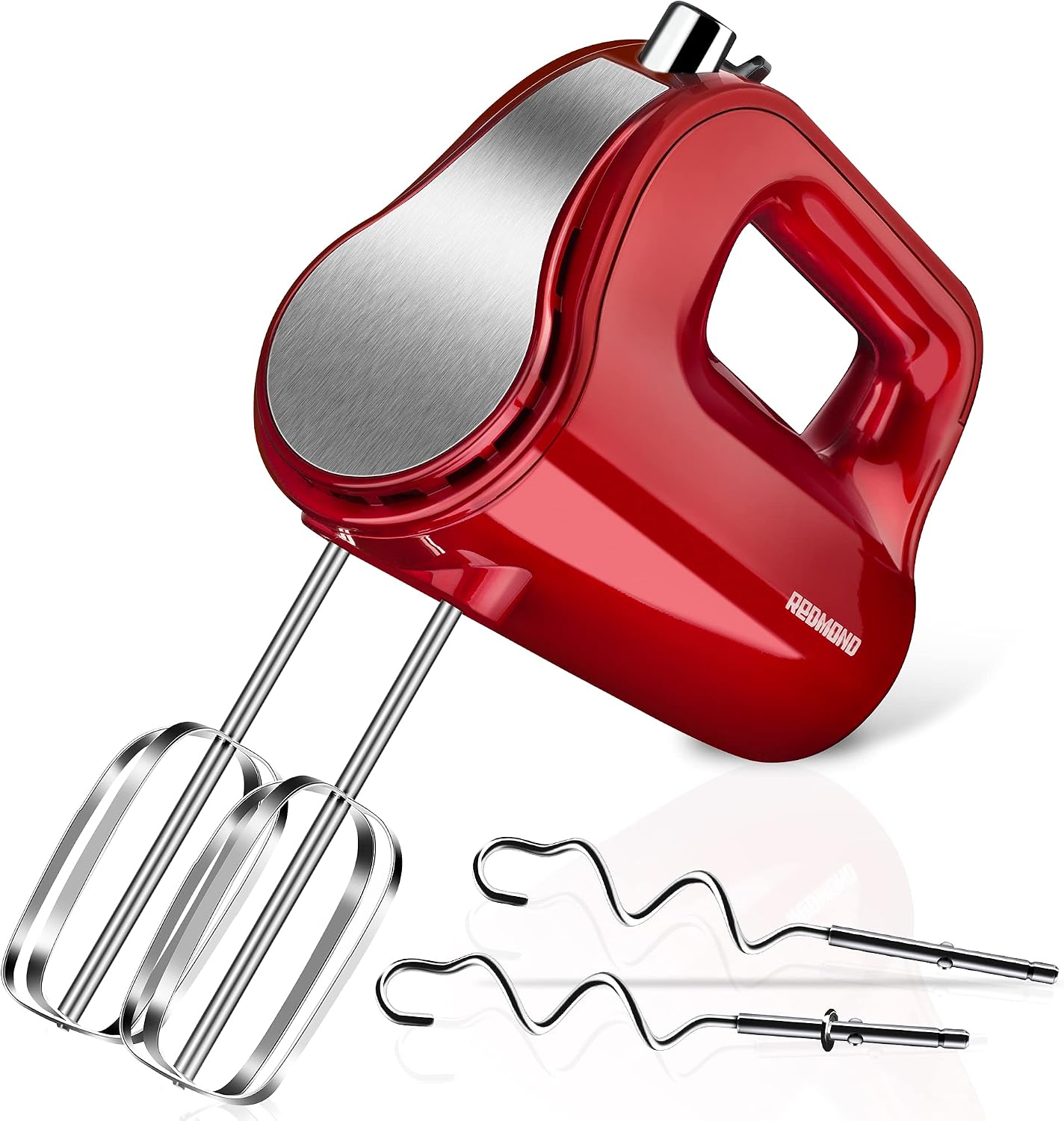 REDMOND Hand Mixer, 5-Speed Electric Hand Mixer with Turbo, Easy Eject Button, 250W Handheld Kitchen Mixer with 4 Stainless Steel Attachments(Beaters and Dough Hooks), RED