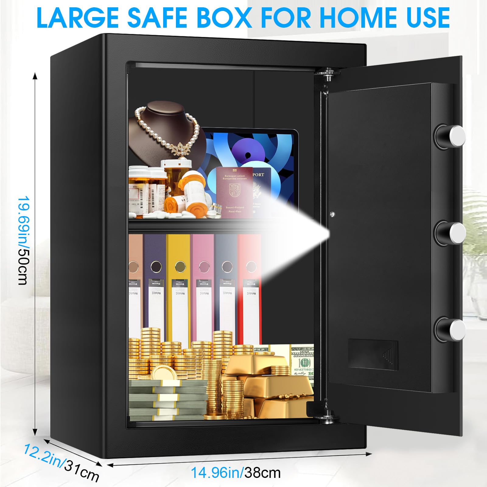 Große Home Safes Wasser- und Feuerfest mit digitaler Tastatur & Schlüsselschloss, Sicherheitssafe für Zuhause mit DIY abnehmbarem Regal, Anti-Pry Safe Box für Gelddokumente