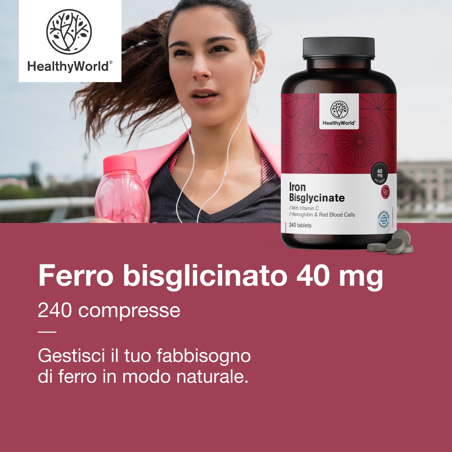 HealthyWorld® Ferro Bisglicinato 40 mg - Con Vitamina C - 240 Compresse - Fornitura per 8 mesi - Senza OGM e senza Coloranti Artificiali - 40 mg di Ferro, 40 mg di Vitamina C - La Massima Qualità