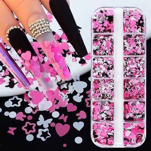 12 rejillas de corazón para uñas lentejuelas con purpurina holográficas color negro rosa corazones lentejuelas decoración de uñas día de San