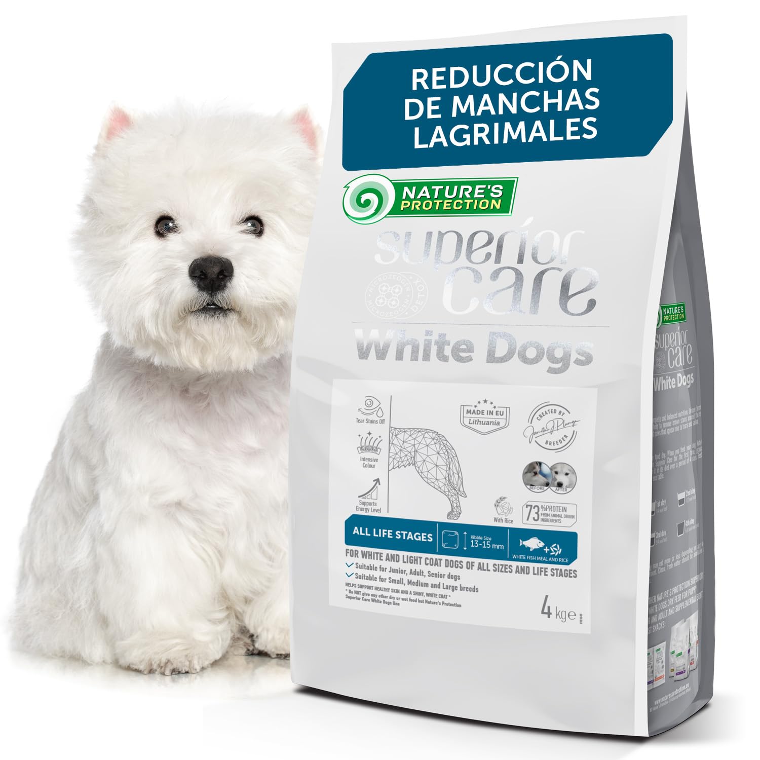 Nature's Protection Superior Care Pienso Todas Las Edades, Pez Blanco 4 kg | Con arroz, Antimanchas lagrimales, pelaje blanco brillante, Croquetas grandes, Pelajes blancos/claros, Cachorros y adultos