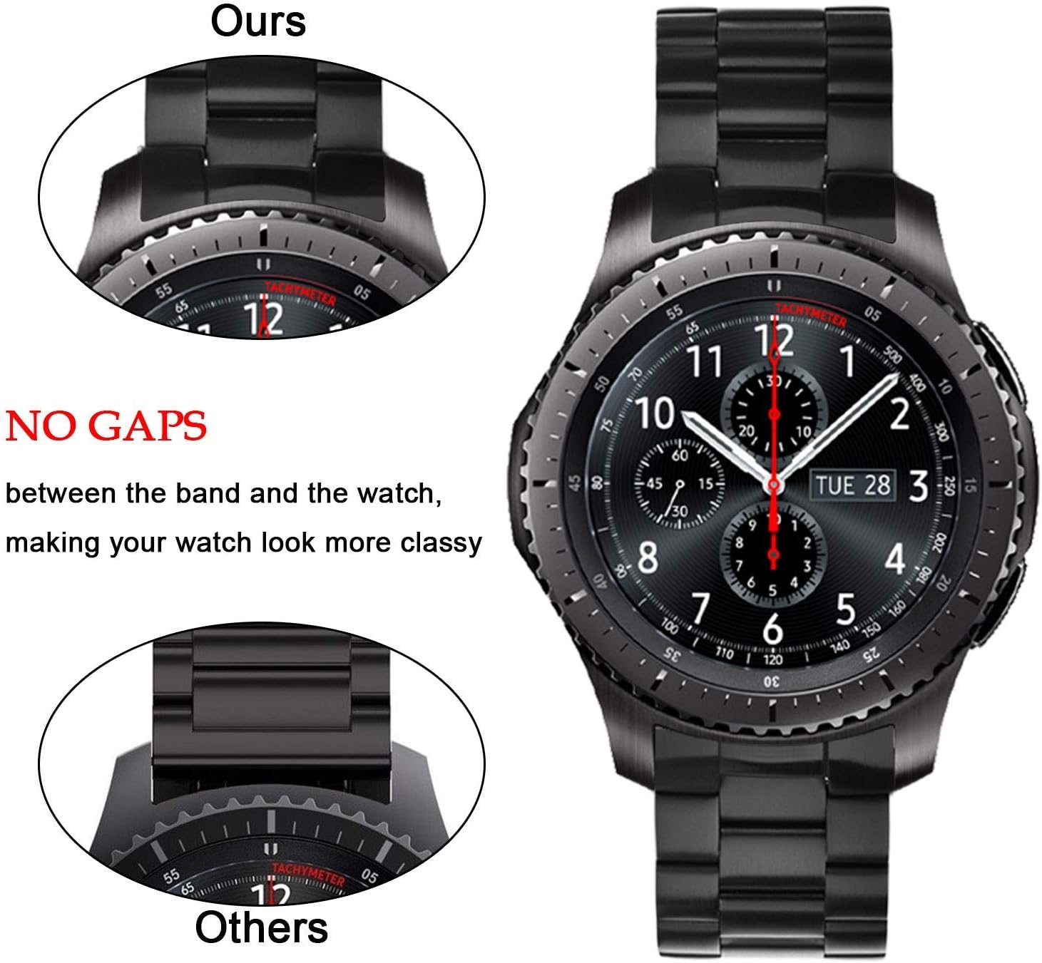 V-MORO No Gaps Strap Compatible with Galaxy Watch 46mm(2019) Band Men with Clips Black Metal Stainless Steel Bracelet for Galaxy Watch 46mm(2019) Watch
