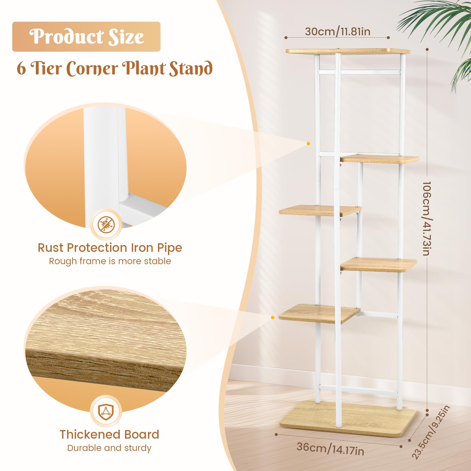 SenDeluz Support Plantes 6 Niveaux Étagère Angle Métal Bois - Présentoir Jardin Intérieur Déco Salon Balcon
