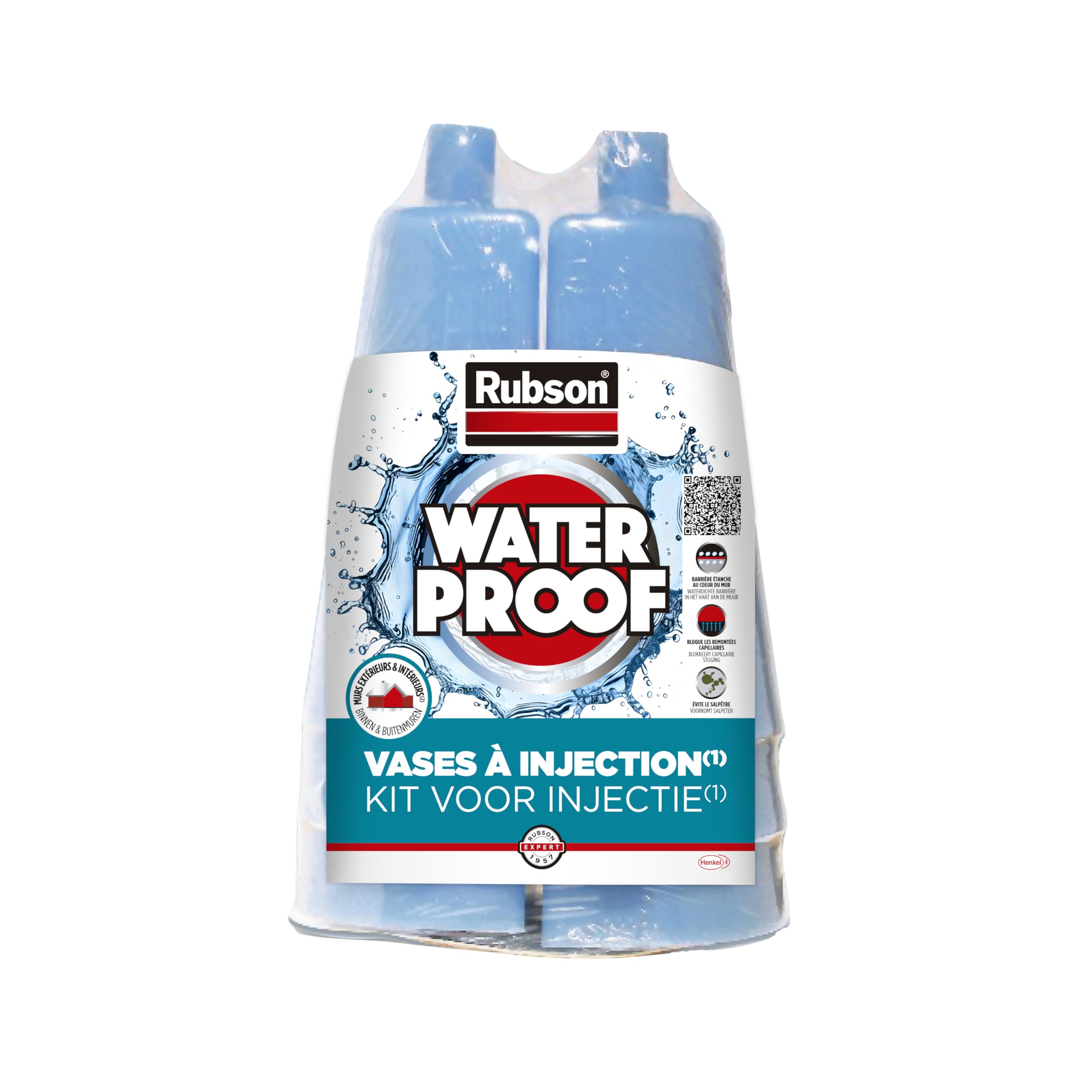 RUBSON Revêtement Étanchéité par Injection Waterproof Kit 6 Vases et 6 Injecteurs Murs Extérieurs, Anti-​Humidité - Barrière Contre Remontées Capillaires, Infiltrations et Fissures