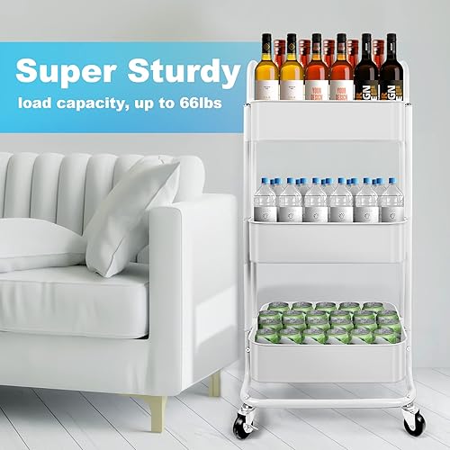 Miniatura 2 de Carrito utilitario de metal de 3 niveles, organizador de malla con asa y ruedas con bloqueo, carrito de almacenamiento multifuncional para cocina,