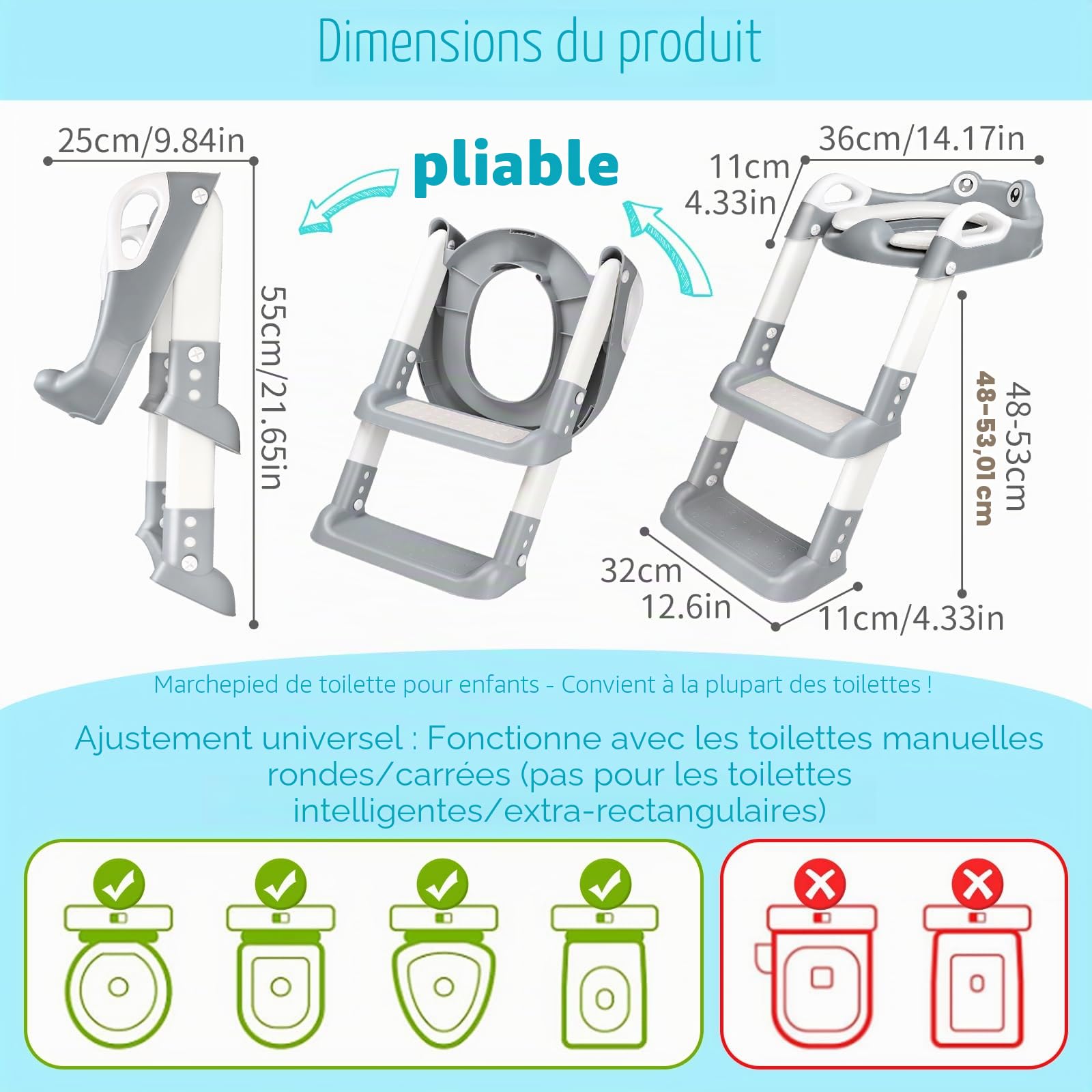 Reducteur Toilette Enfant, Réducteur WC avec Marches, Rehausseur Toilette Enfant avec Coussin PU, Hauteur Réglable et Pliable, Antidérapant, Adaptateur Toilette pour Garçons et Filles (Blanc, Gris)