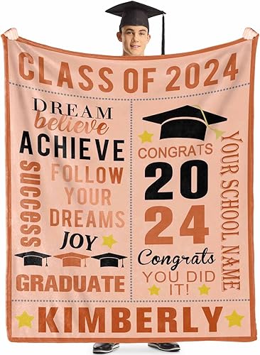 Miniatura 8 de Manta de graduación personalizada para clase de 2023, manta de graduación personalizada con nombre y escuela, una manta suave y acogedora para