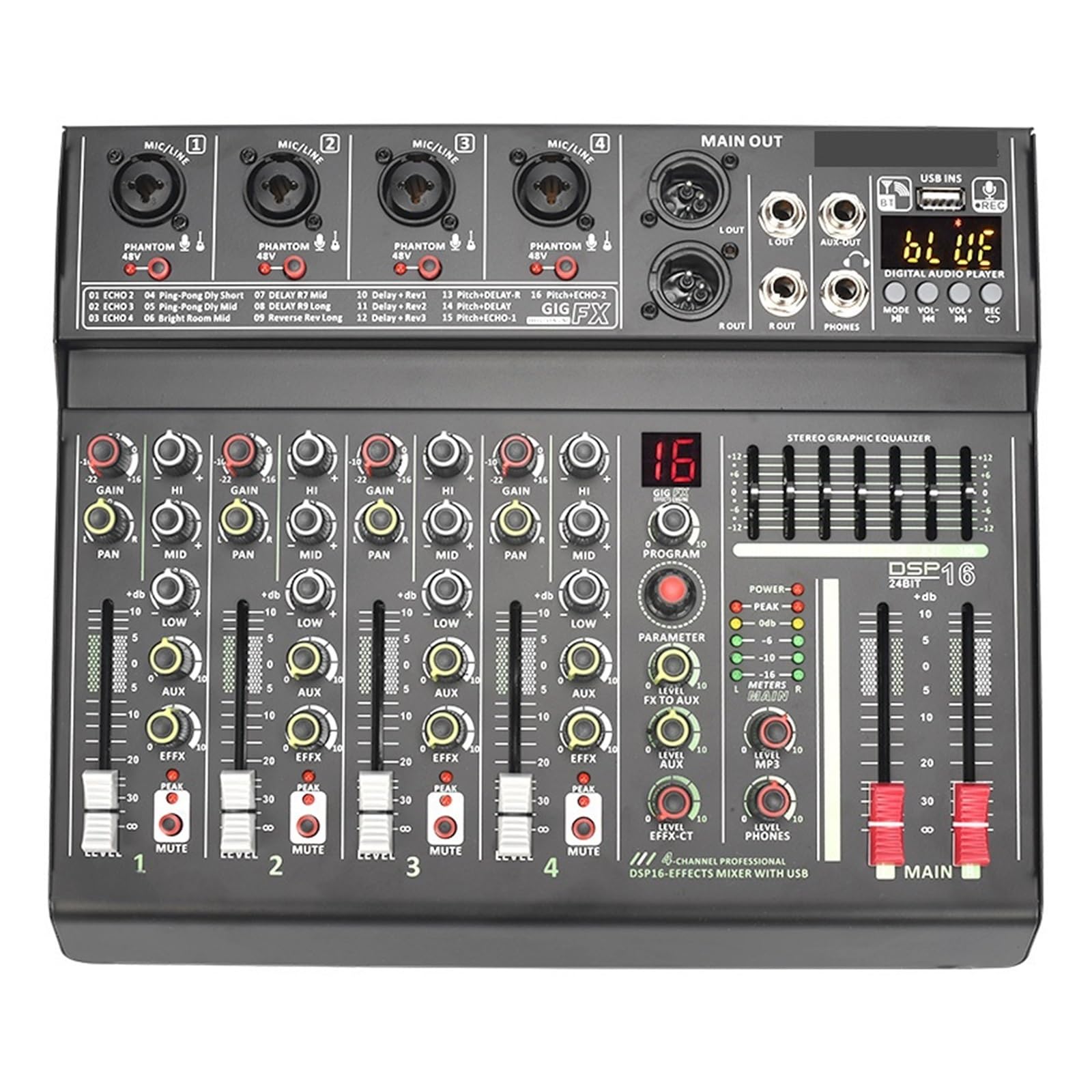 DJ Mix, Mixer DJ A 4 Canali Console di Missaggio Professionale 16 DSP Alimentazione Phantom 48V Individuale Riproduzione USB Registra Tavolo Professionale