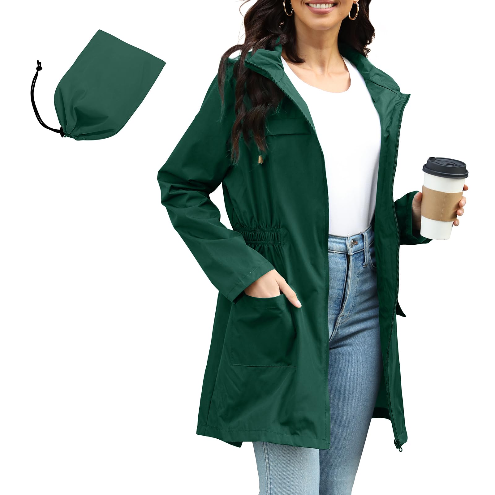 PONCEAU Damen Regenjacke Wasserdicht & Atmungsaktiv, Leichter Fahrrad Windbreaker mit Kapuze, Faltbare Übergangsjacke/Softshelljacke für Wandern, Reisen