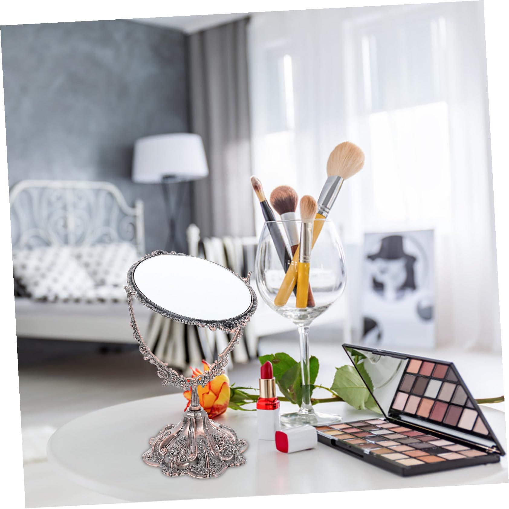 minkissy Doppelseitiger Tischspiegel aus Zinklegierung im Europäischen Stil | Drehbar mit Flachem Standfuß, Hochauflösende Sicht, Geeignet für Make Up und Hochzeit