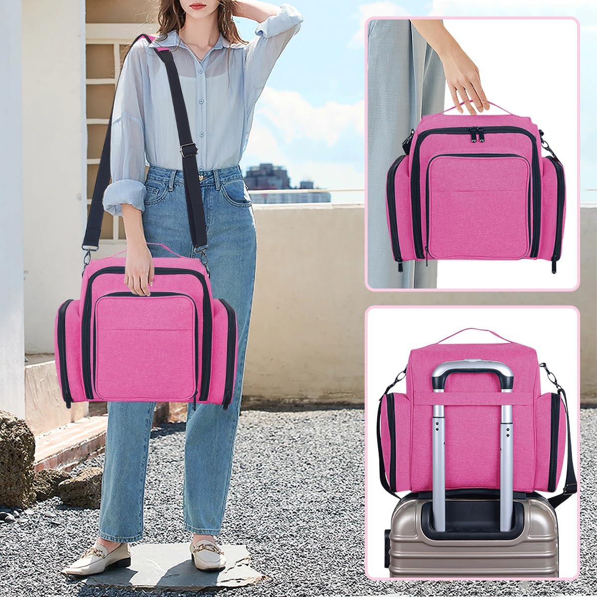 Train Case Makeup Bag Large Cosmetic Organizer with 3 Inner Removable Pouches Multifunctional Travel Makeup Artist Storage,Rose Red