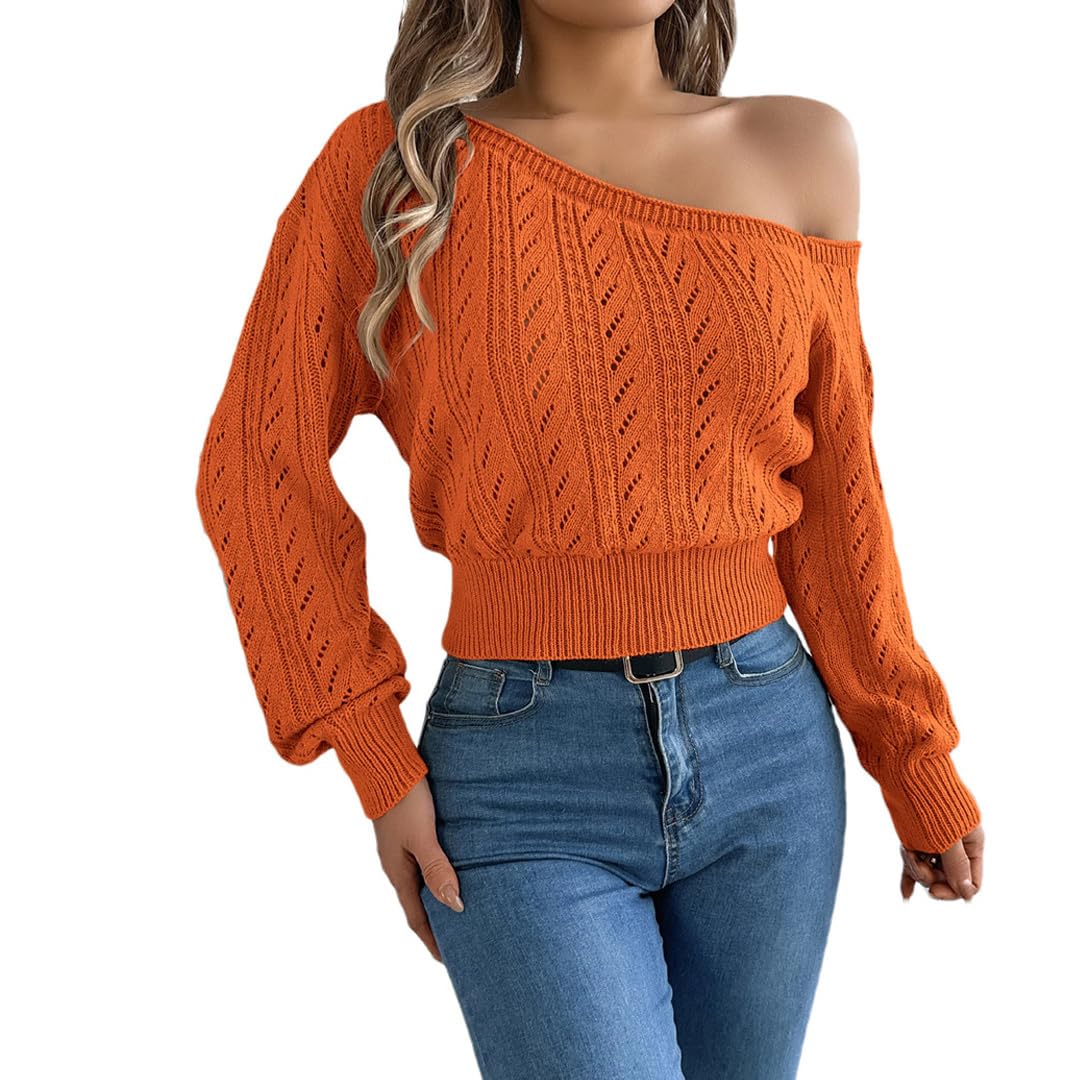 Kelsiop Donna Inverno Casual Elegante Slash Neck Off Spalla Manica Lunga Maglia Pullover Maglione per le Donne