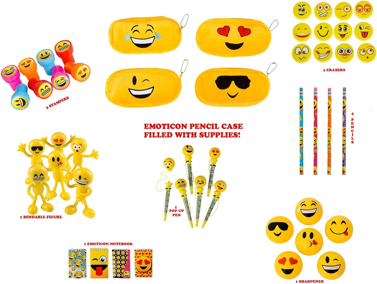 Plush Emoticon Pencil Case Full of Supplies, Pencils, Pen, Erasers, Sharpener, Stickers, Stampers, Mini Pad, and Bendable Emoticon Figure – A Kid’s dream come true