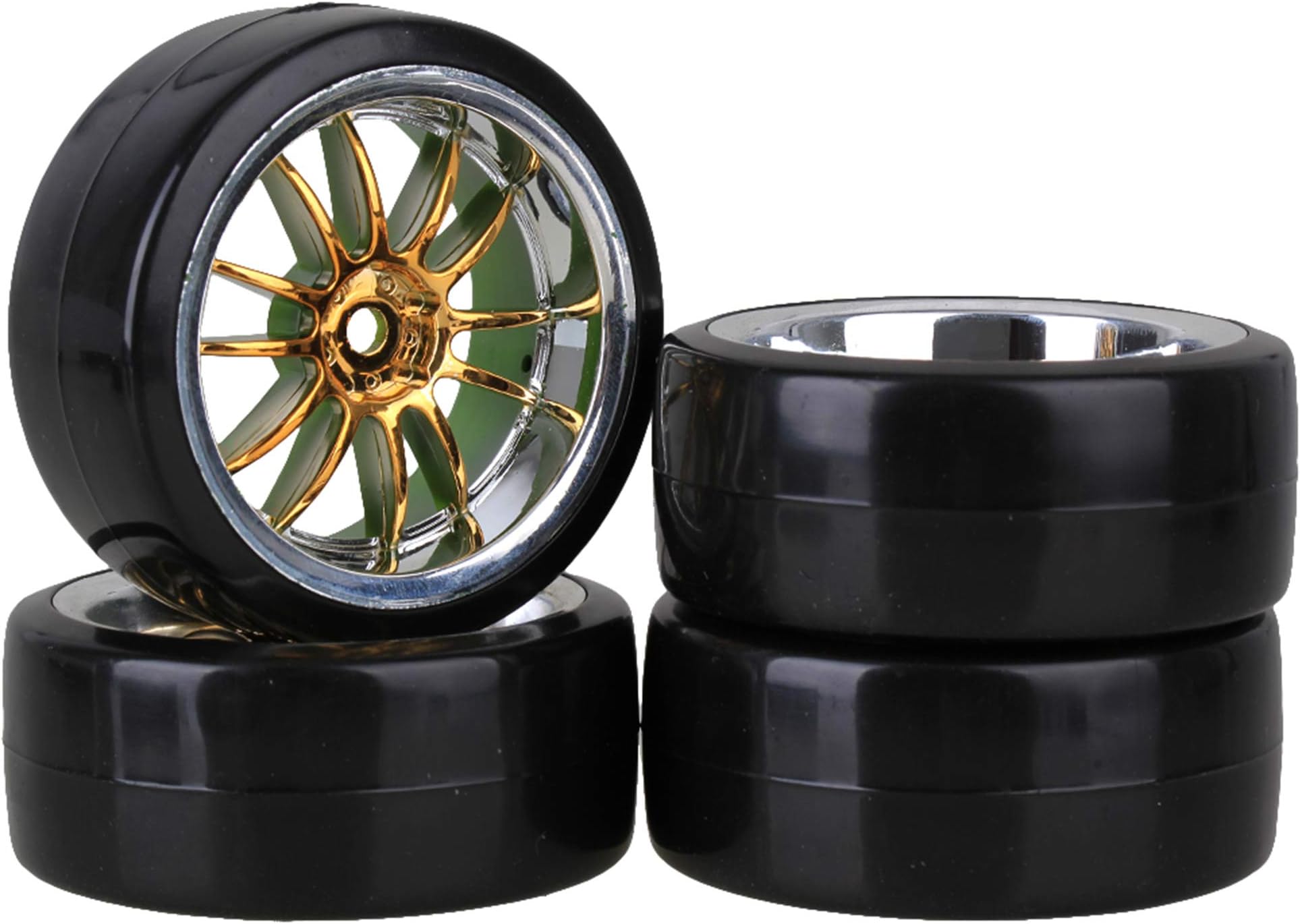 Mxfans 4PCS RC1/10 On Road Car Drift Smooth Wheel Tires & Plastic Plating Golden 12-Spoke Wheel Rims