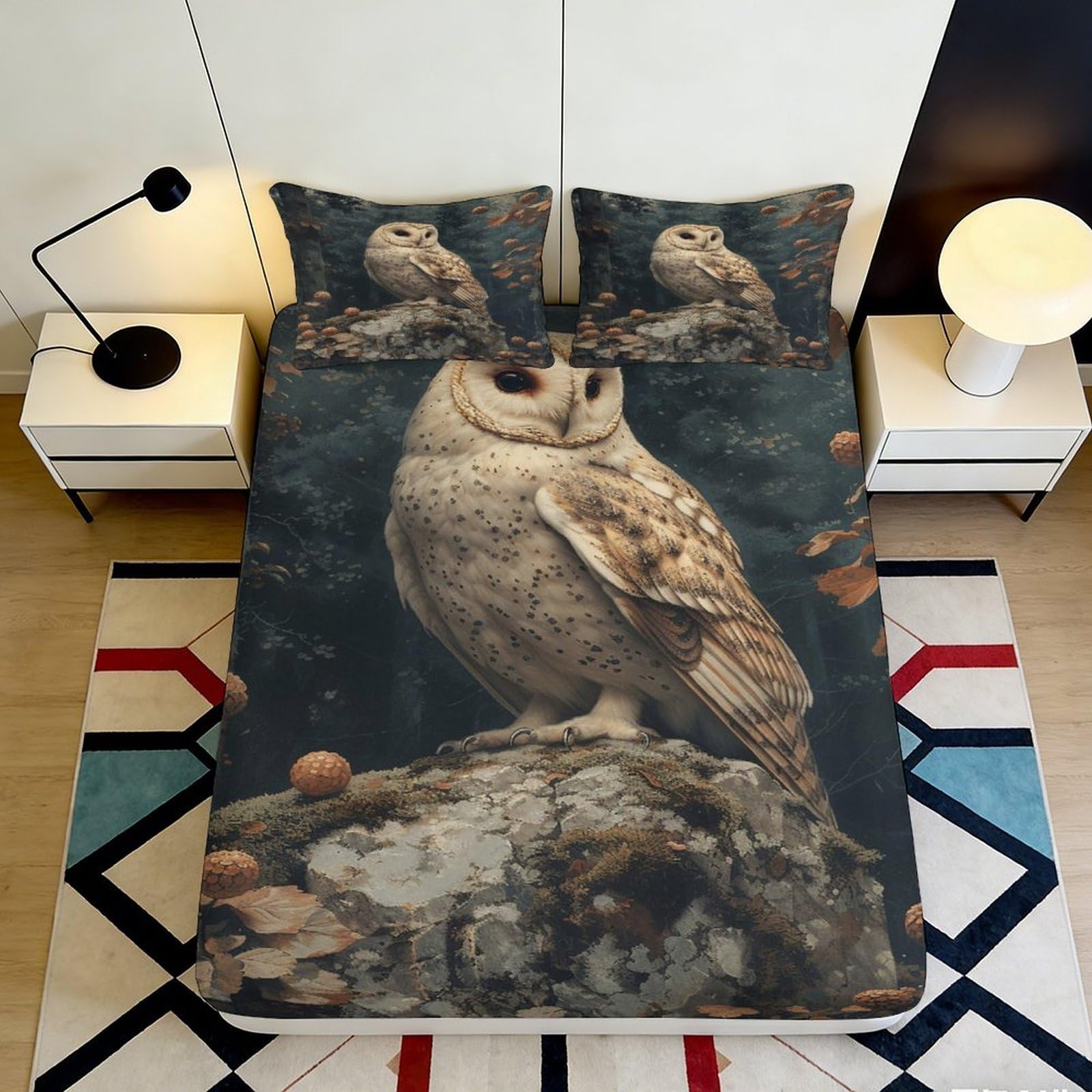 Uynsixtme Style-4 3D Printed Owl Pattern Fitted Sheet Microfiber Deep Pocket Non-Slip Owl Mattress Fitted Cover Washable Bedroom Bedding 90X200x25cm