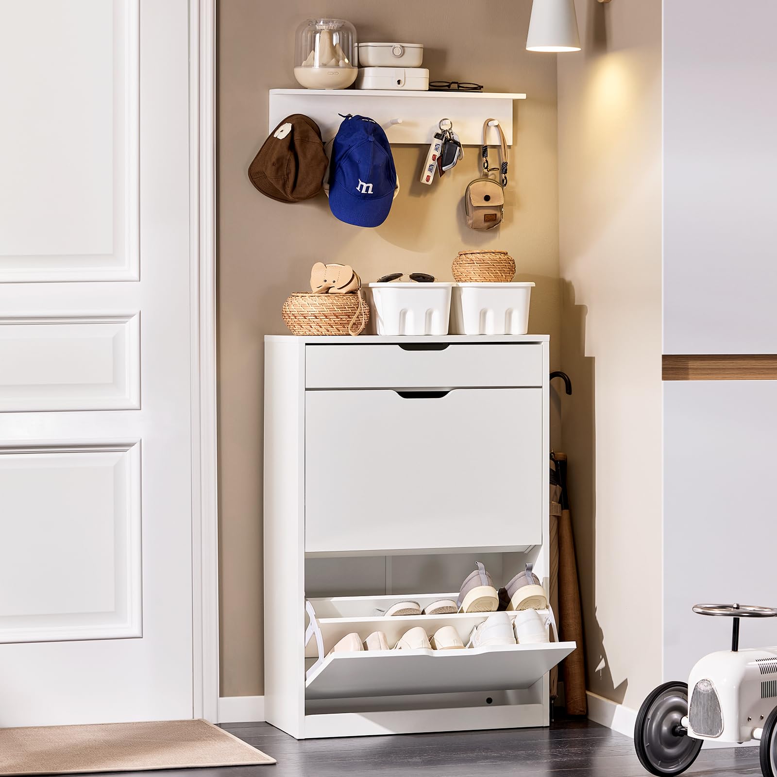 SoBuy FSR180-W szafka na buty z 2 szufladami, 1 wysuwana szuflada, szafka kuchenna, szafka na obuwie, kolor biały, szer. x gł. x wys.: 60 x 30 x 90 cm