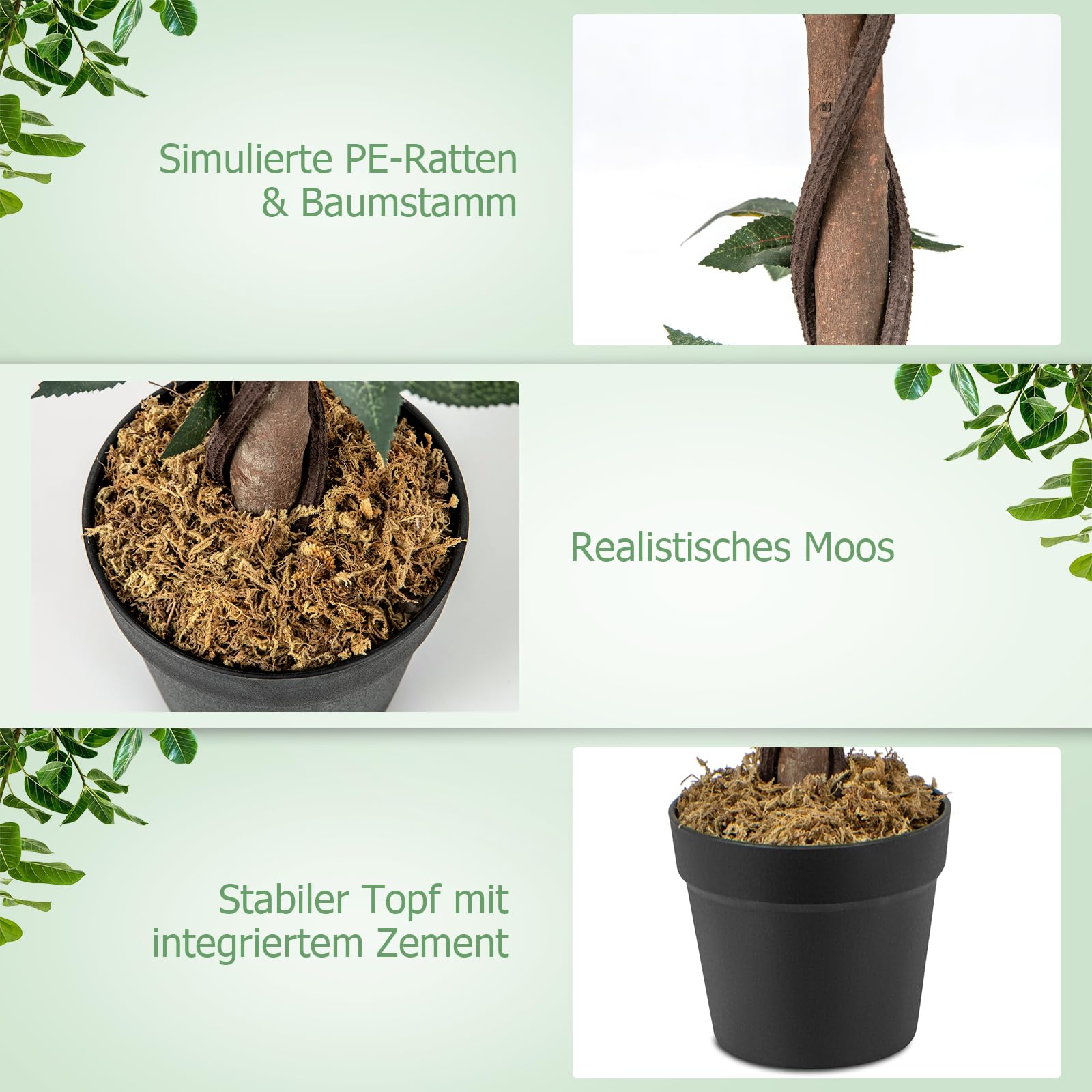 RELAX4LIFE Kunstpflanze, Kunstbaum mit Blüten, Rosenbaum mit 21 Rosa Rosen & 259 Blättern & Echtholzstamm, Künstliche Pflanze im Topf, Dekopflanze 93cm, Zimmerpflanze für Zuhause Büro