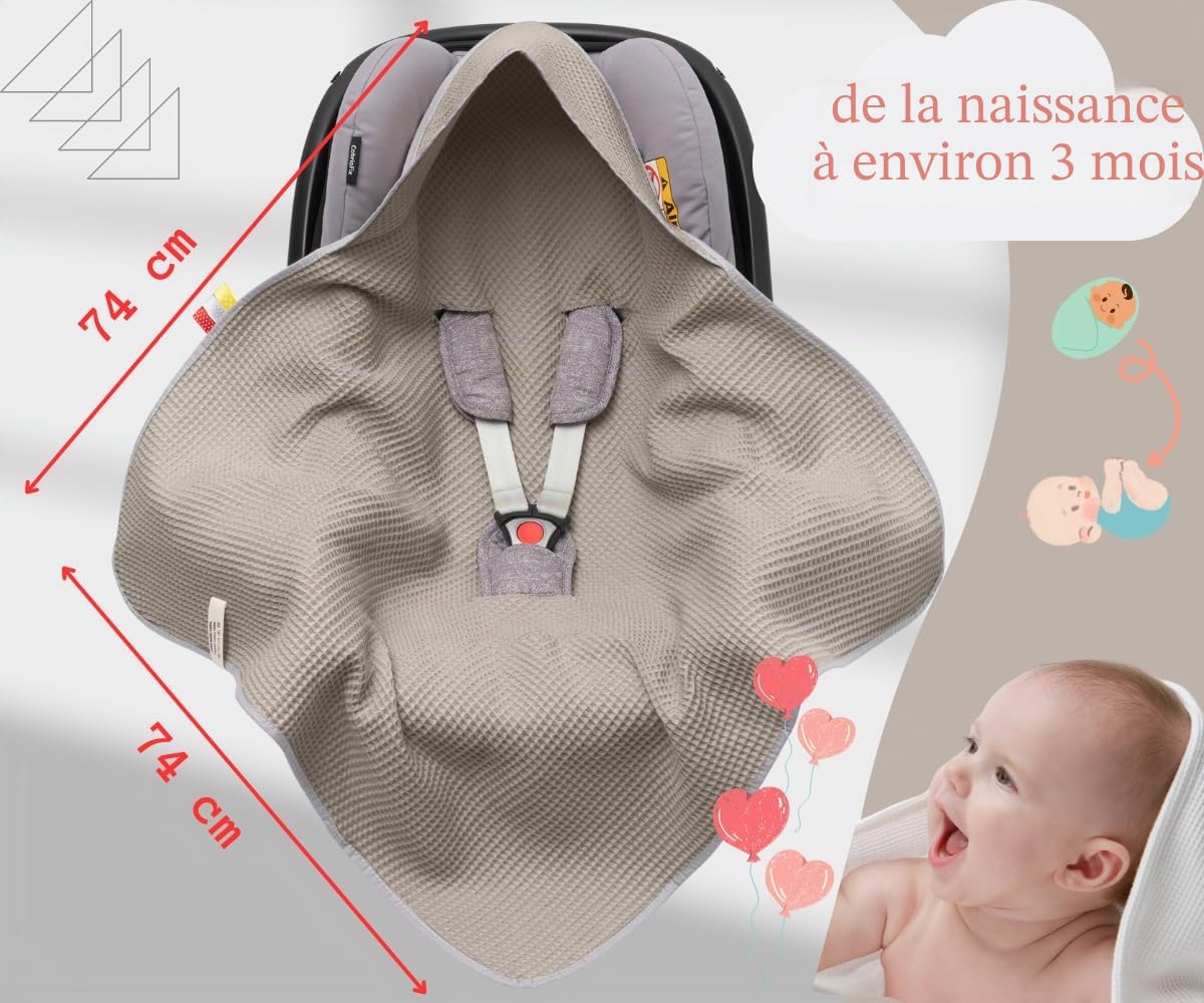 Couverture enveloppante gaufrée 100% coton pour siège auto et poussette Maxi Cosi, rose/beige, ceinture 3 points