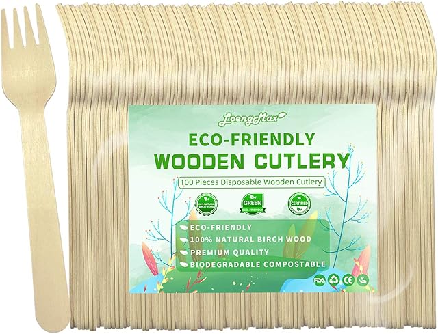 LoengMax Disposable Wooden Cutlery Set - 300 Pieces 6.5 Inch Utensils(100 Forks, 100 Knives, 100 Spoons) - Eco Biodegradable