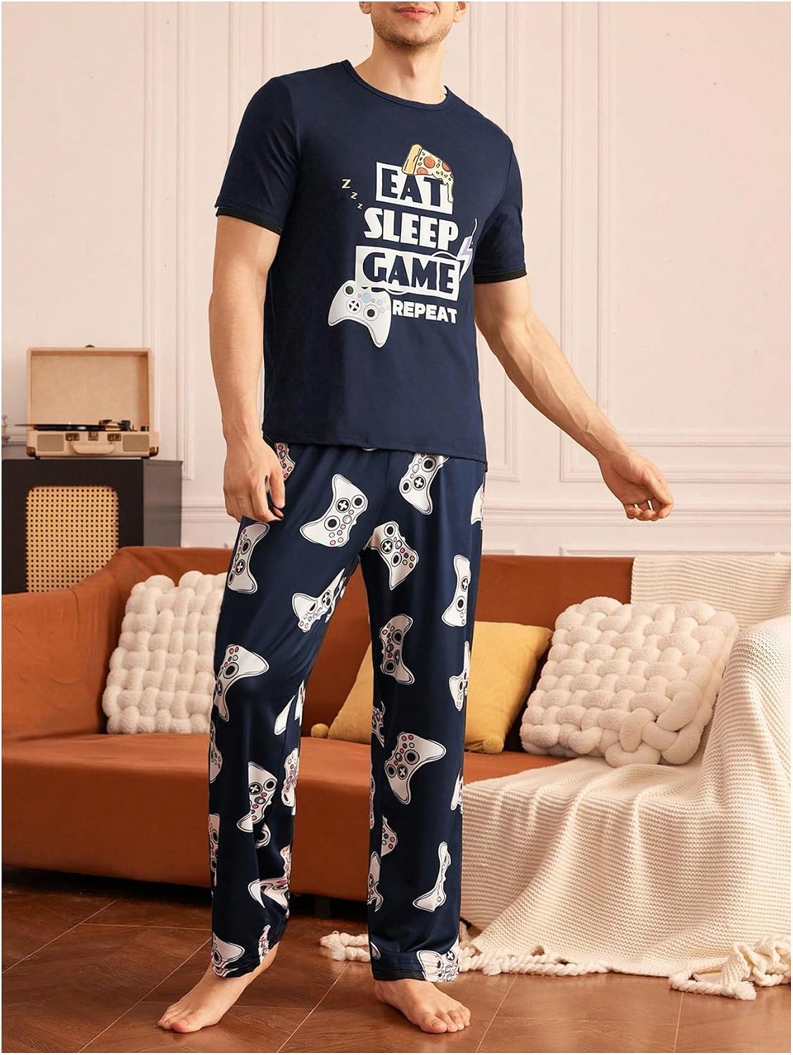 Verdusa Men's 2 Piece Summer Pajama Sets Crew Neck Graphic Tees with Long Pants Loungewear