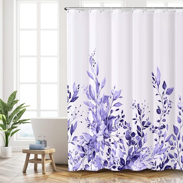 RORASA Floral Shower Curtain with Anti Mould, Weighted Hem, Washable, Polyester Fabric Bathroom Accessories, Purple Boho Shower Curtains with 12 Hooks 71 x71 Inches