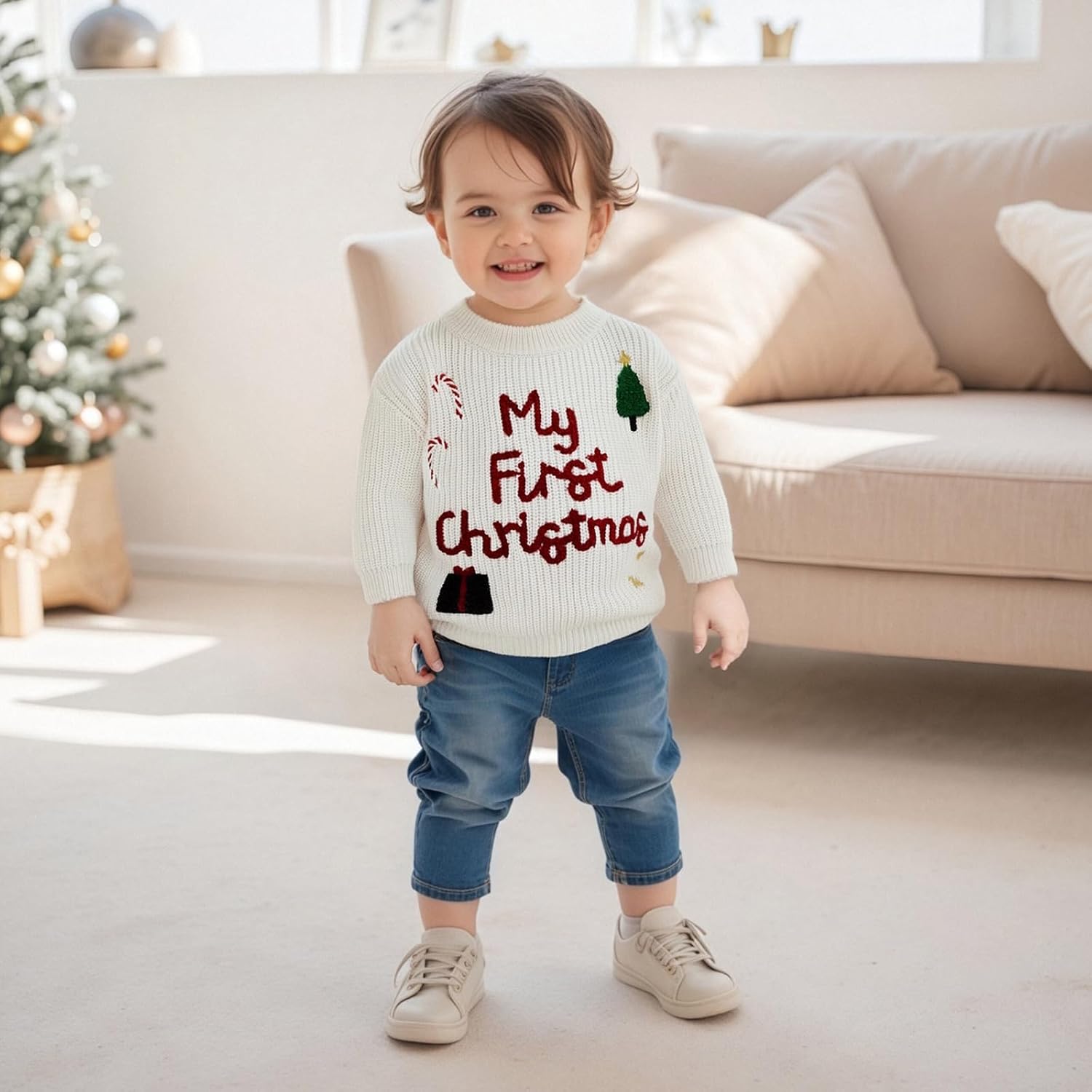 Newborn Baby Girl Boy Christmas Knit Sweater My First Christmas Tree Embroidery Winter Sweatshirt Outfit Fall Clothes