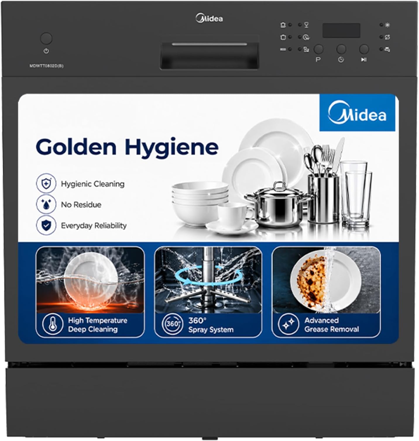 Midea 8 Place Setting Countertop Dishwasher, 6 Wash Programs, Intensive Wash, Water Efficient (Portable Table Top, Compact Design, Suitable for Indian Utensils, Small Family Use)