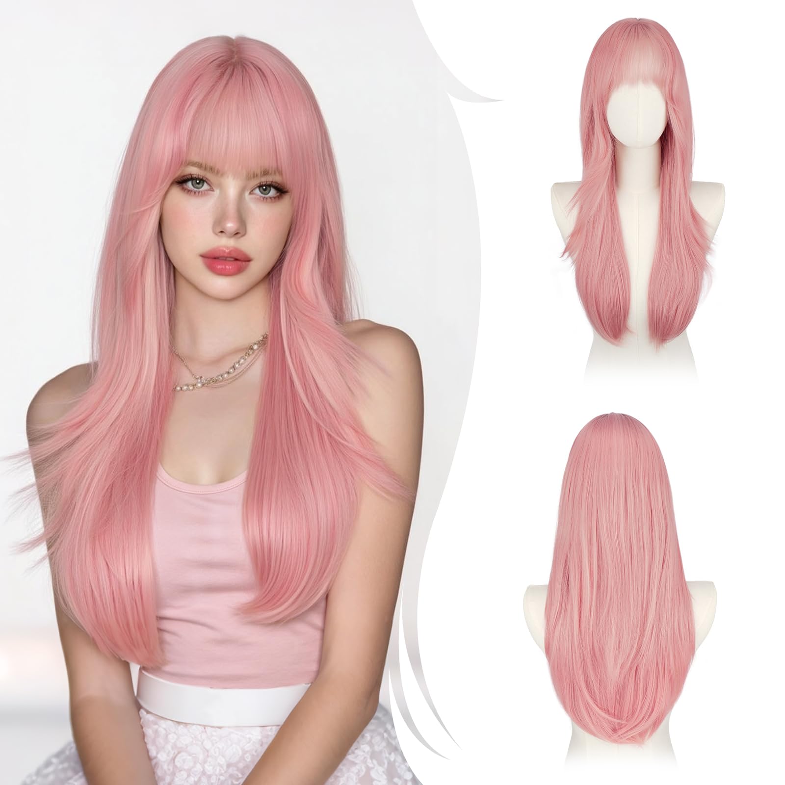 RUWISS Perruque pour Femmes Longue avec Frange, 65cm Naturelle Layered Perruques Raccord Visage Cheveux Synthétiques Naturels Résistantes pour Usage - Rose
