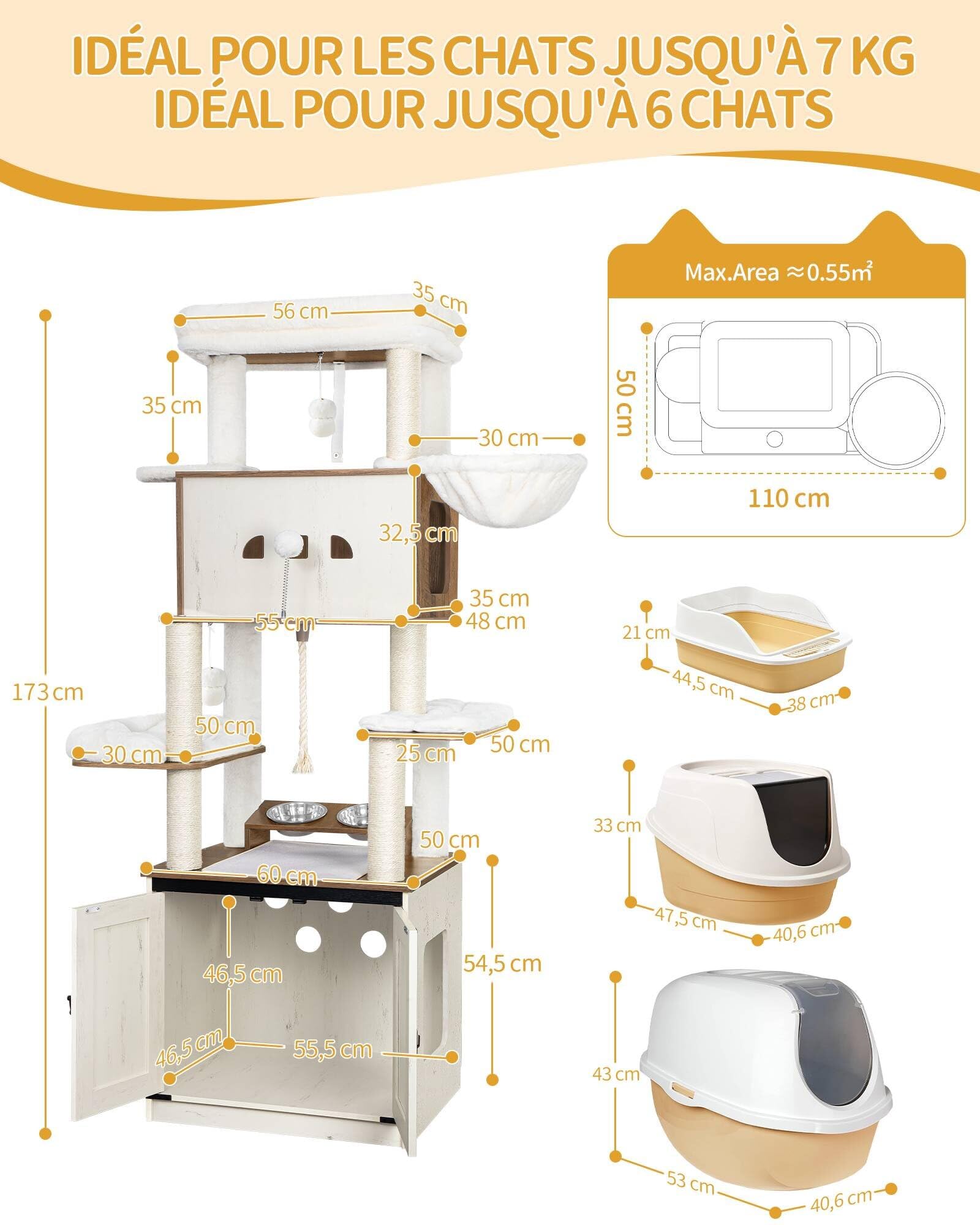 Hzuaneri Arbre à Chat avec Meuble Litiere Chat, Mangeoire, Hauteur 173 cm, avec Grande Plateforme, Corde en Sisal, Hamac, Coussin Lavable, Balles en Peluche, Blanc et Marron CB89014WT