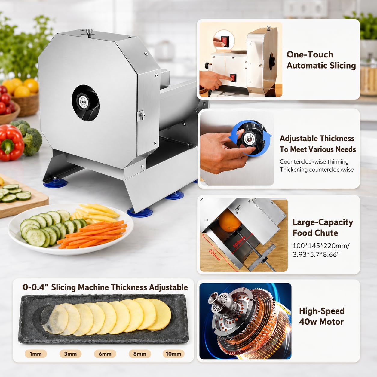 Kommerzieller elektrischer Gemüseschneider, 0–10 mm verstellbar, 75 kg/h | Edelstahlschneider mit abnehmbaren Komponenten zum Schneiden von Tomaten, Zwiebeln, Kartoffeln, Kohl und anderem Gemüse.