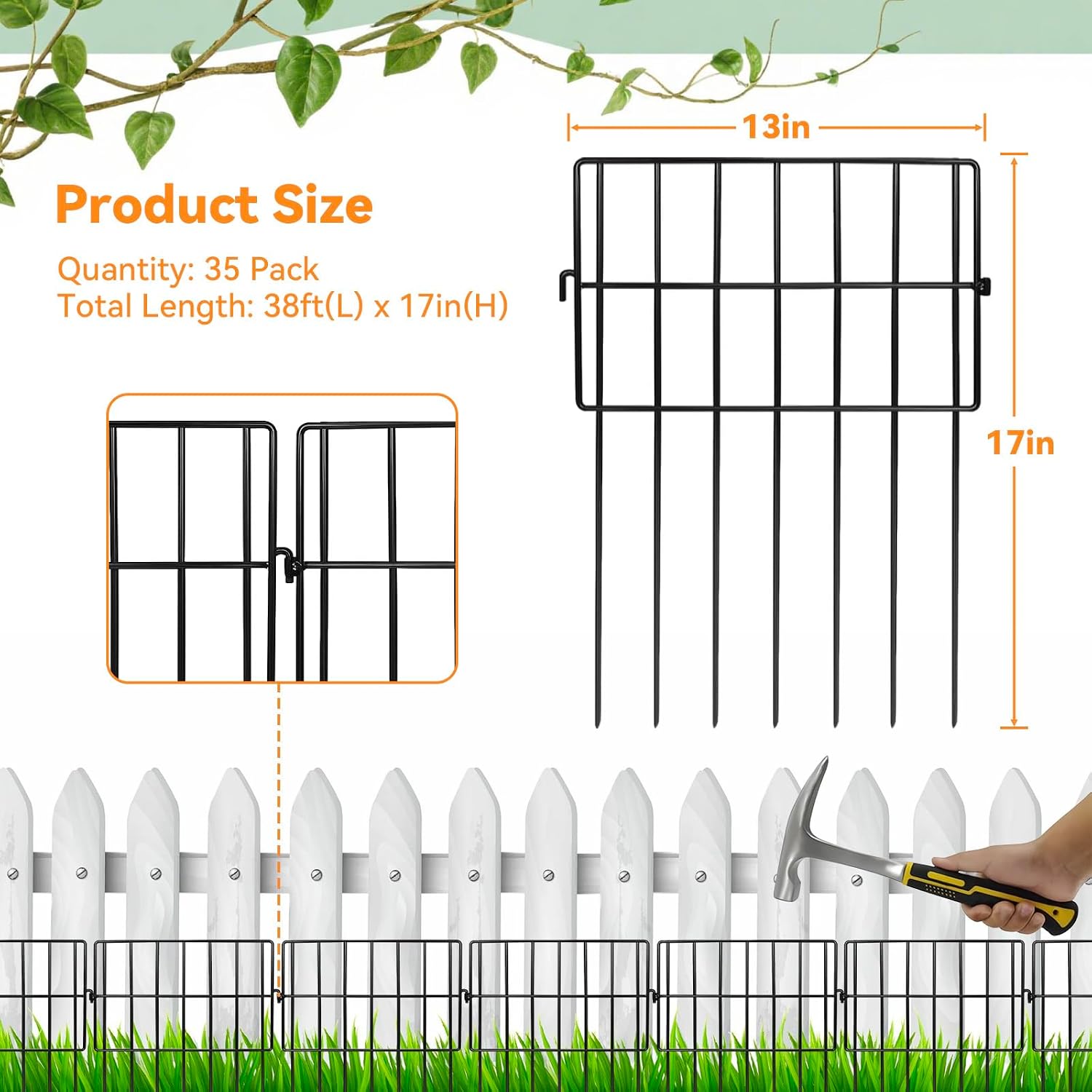 35 Pack Animal Barrier Fence, 37.92ft(L) x 17in(H) No Dig Fence for Dogs, 1.2in Gaps Anti Digging Fence for Dogs, Rustproof Metal Garden Fence Animal Barrier for Flower Beds & Patio
