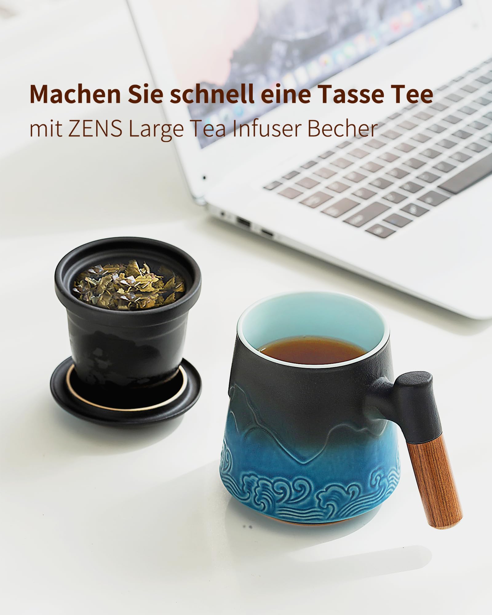 ZENS Taza de té con infusor y tapa, 500 ml - Taza de cerámica con relieve para té de hojas, mango de madera - Taza con filtro para amantes del té, azul