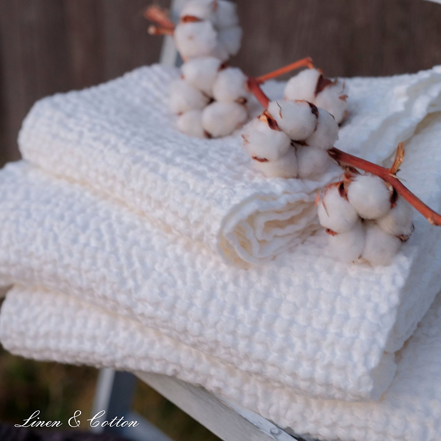 LINEN & COTTON, Doccia Asciugamano Alva in Bianco, 58% Biancheria, 42% Cotone - 110 x 150cm