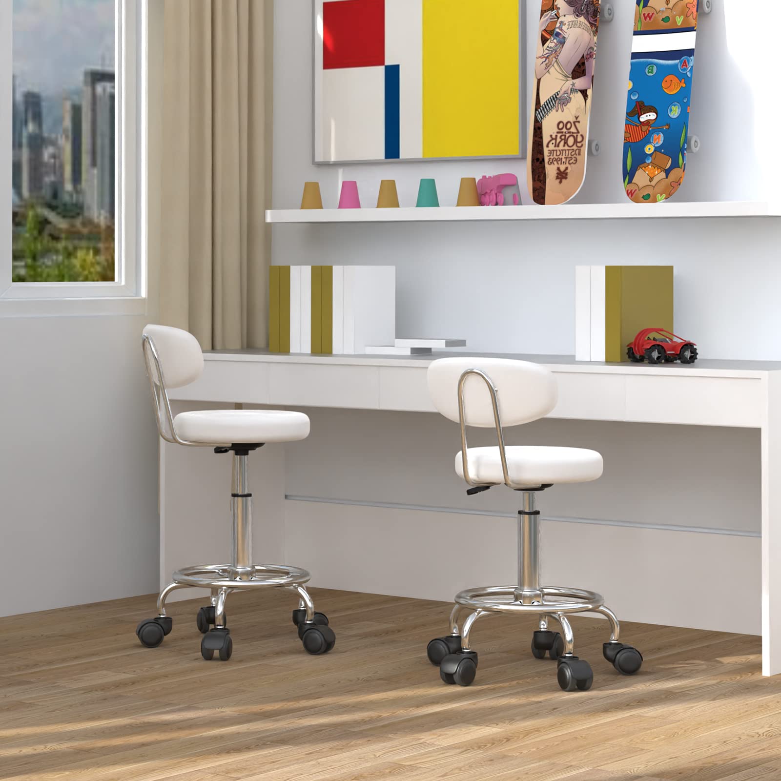 PIPOXER Juego de 2 taburetes de peluquería con respaldo taburete rodante, giratorio de 360°, regulable en altura 46,5-61,5 cm, taburete de oficina ergonómico, adecuado para salones de masaje