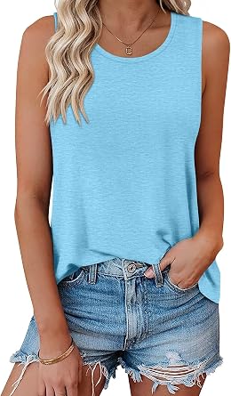 Bliwov Womens Summer Tank Tops Beach Vacation Casual Sleeveless Shirts Spring Fashion Outfits Workout Loose Fit Tees Blouses Sky Blue