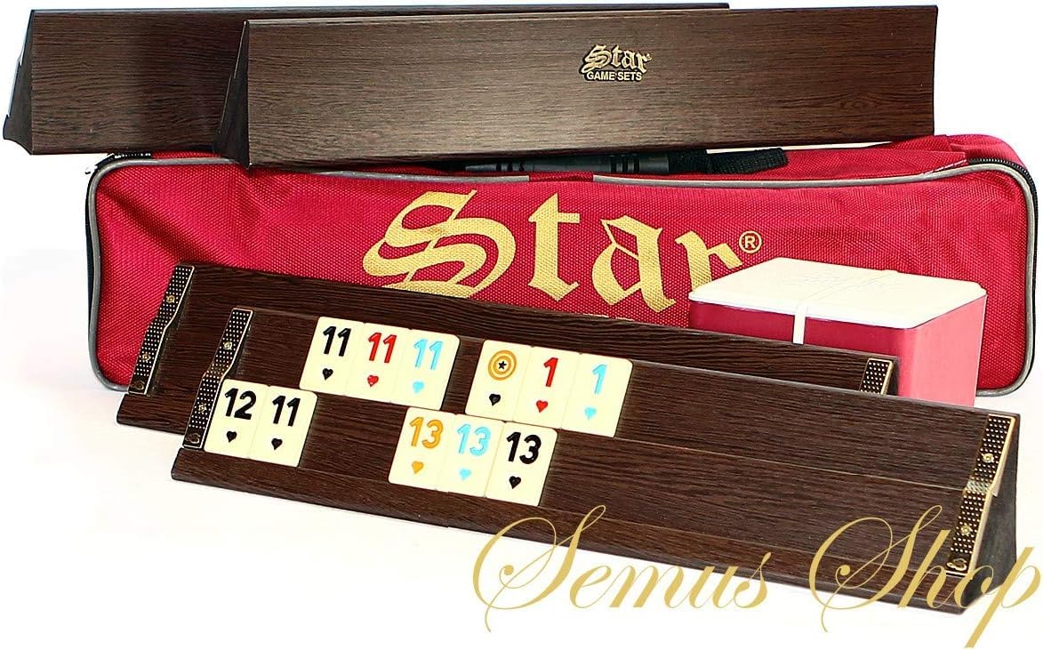 Semus Premium Holz Rummy/Okey Set – Dunkles Ahsap Okey Takimi mit handbemalten Melamin-Steinen, 104 Spielsteine, 2 Joker, 4 Aufsteller, Würfel, Tragetasche & Zubehör
