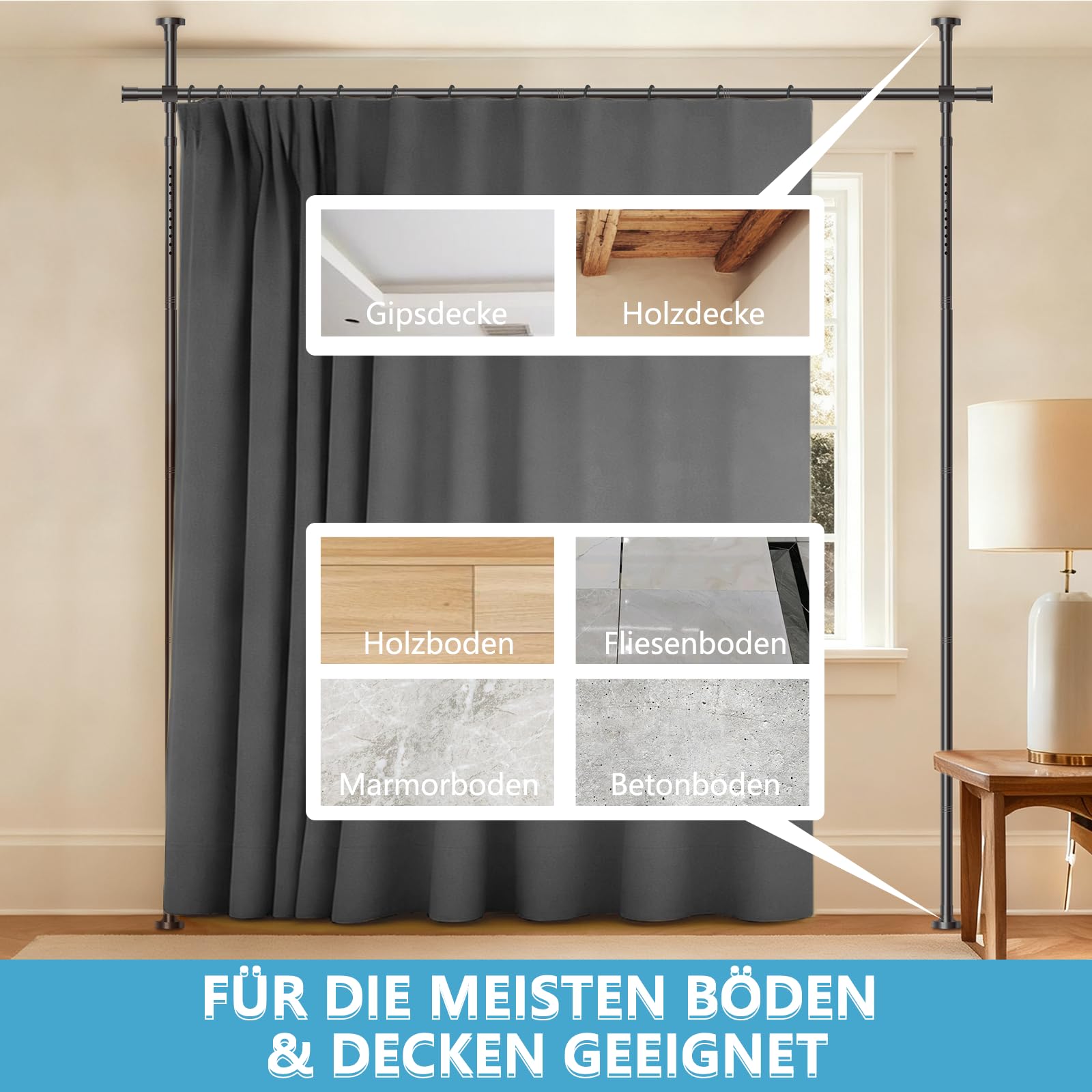 JILRON Juego de cortinas para separar ambientes, ideal para alquileres, oficinas temporales y apartamentos (1 cortina gris: H 213 x B 270 cm, Barra: H 109-305 x B 89-254 cm)